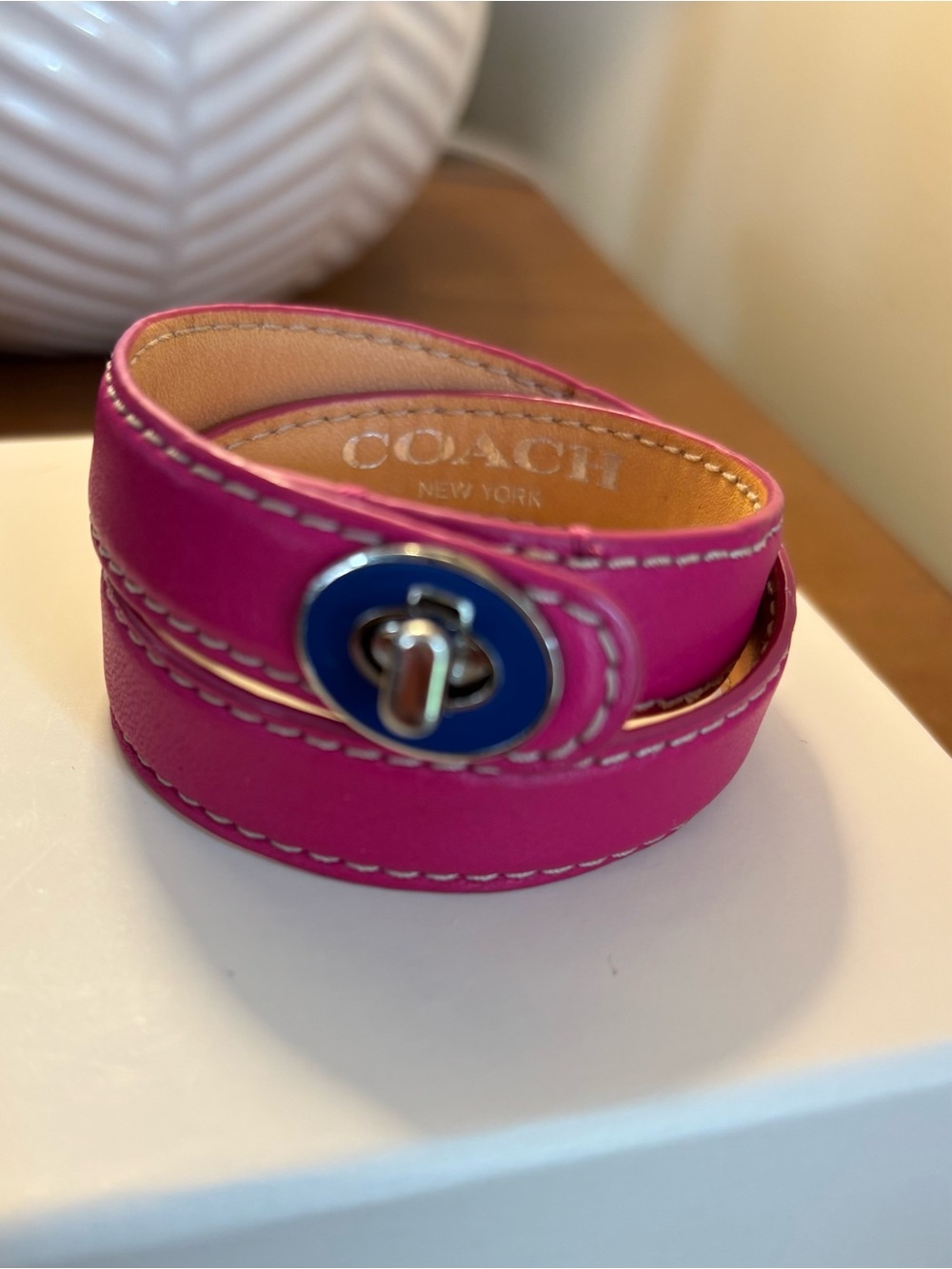 COACH Fuchsia Double Wrap Leather Bracelet with Enamel Turnlock